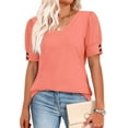 thumbnail image 5 of ICHUANYI Womens Tops Cap Short Sleeve Blouse V Neck Summer Spring Shirts Casual Solid Color Base T-shirt Button Top, 5 of 6