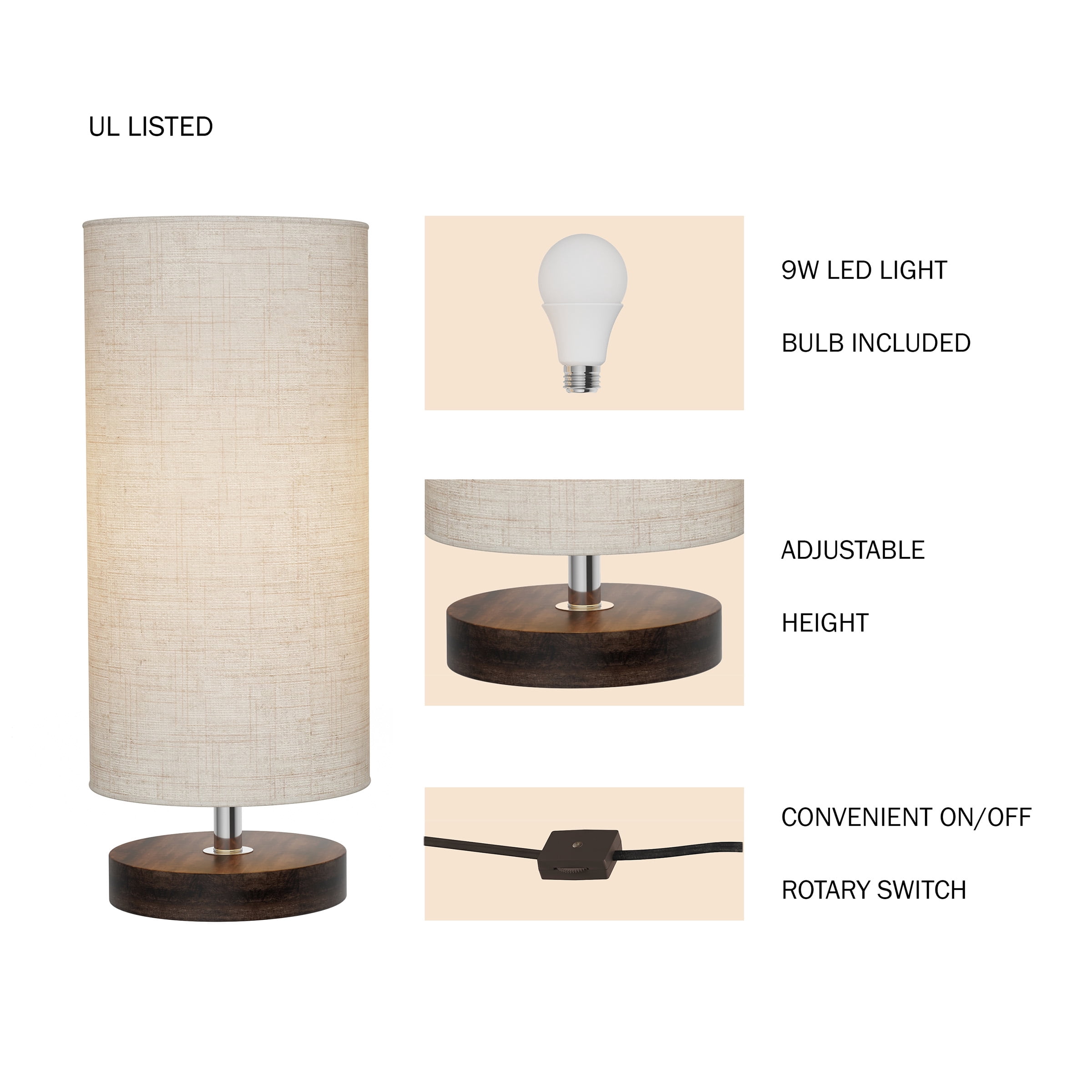 Lavish Home Cylinder Lamp with Wood Base-Modern Light with LED Bulb Included Adjustable Height