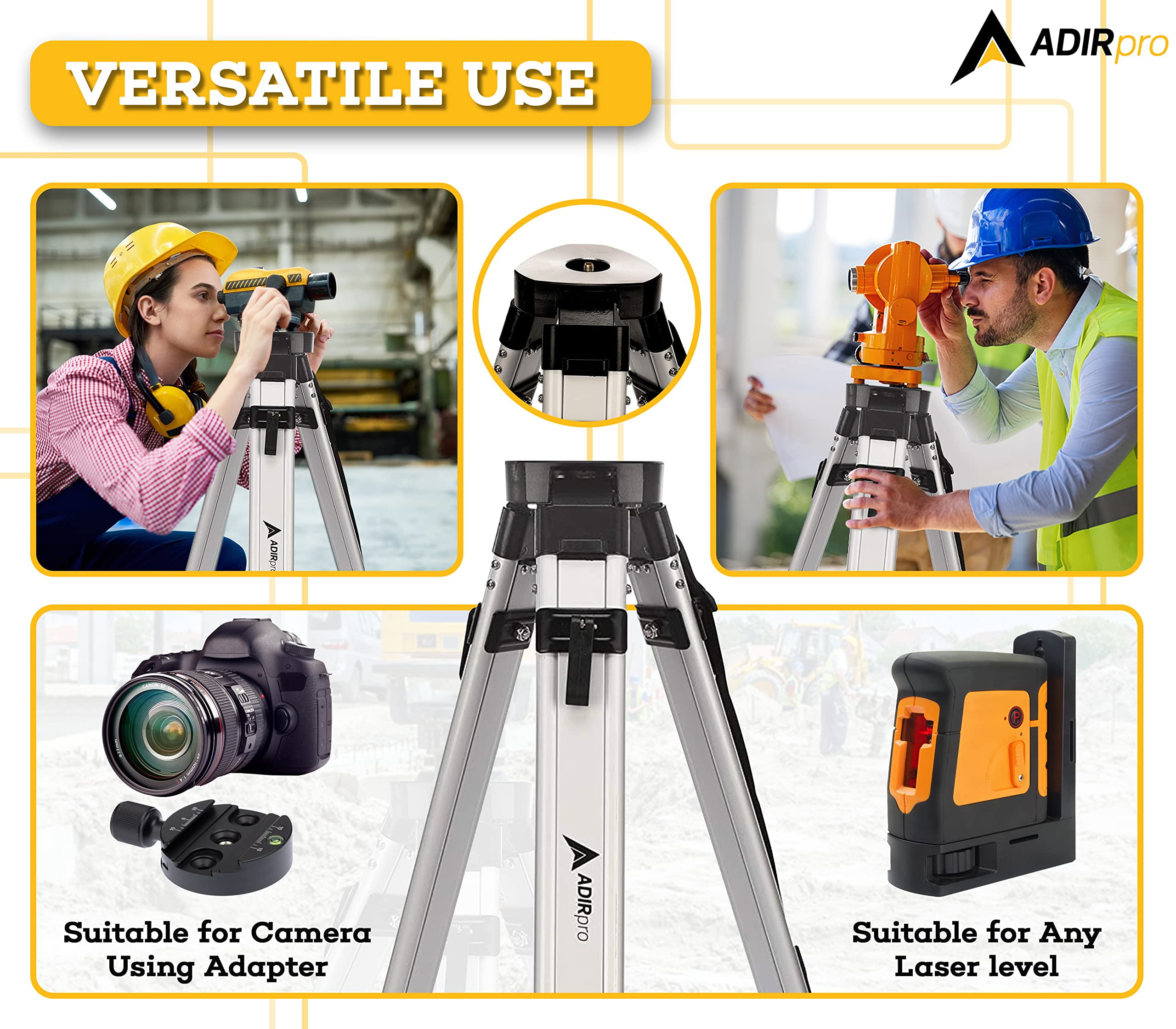 AdirPro Universal Survey Tripod – Laser Level Tripod – Transit Level Tripod - Quick Clamp - Heavy Duty Contractor Tripod 5/8” x 11” Thread (Black Aluminum)