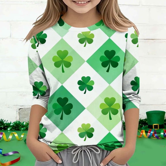 BaoFuBaoMei Kids Girls 3/4 Sleeve Tops St Patricks Day Plaid Shirt Slim Crew Neck Fall Outfits for Irish Festival Themed Party
