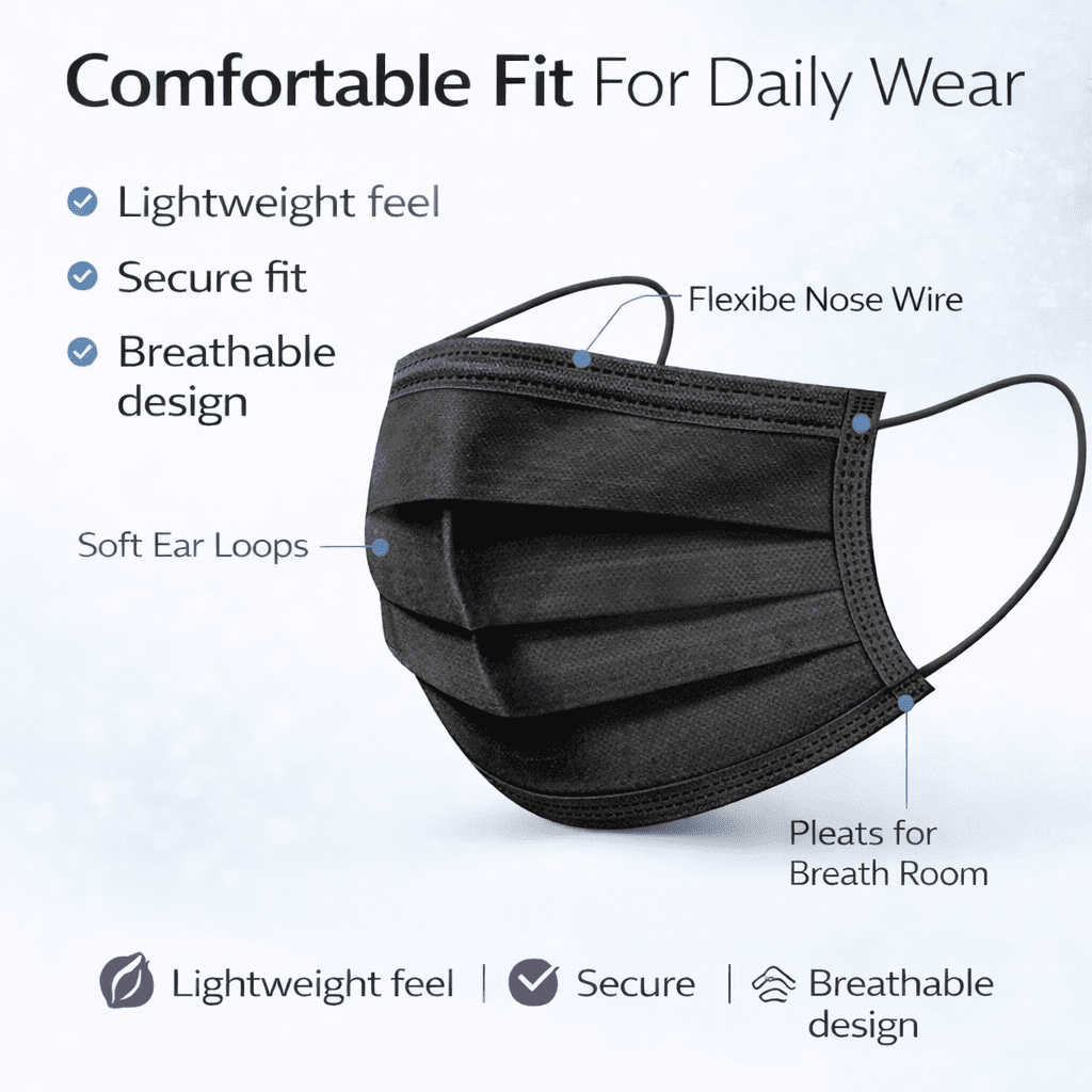 2000 Disposable Face Masks 2,000 Protective 3-Ply Breathable Comfortable Nose/Mouth Coverings for Home & Office | Elastic Ear Loop 3-Layer Safety Shield for Adults (Dark Black-2000pcs)