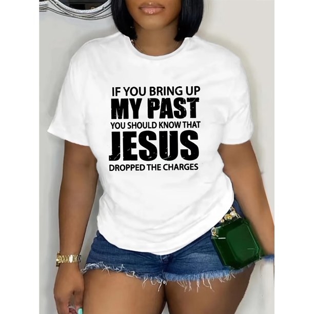 Women'S Regular Size Casual Crew Neck T-Shirt, Geometric-Patterned Tee, Spring/Summer Knit Fabric Top with Medium Stretch, 100% Cotton, Jesus Quote Print
