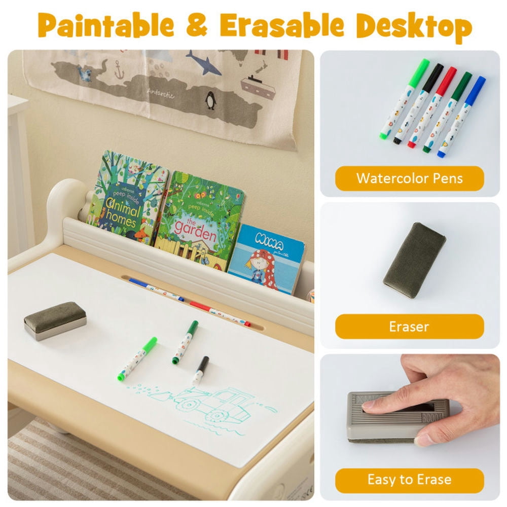 Resenkos Kids Drawing Table and Chair Set with Watercolor Pens and Blackboard Eraser-Brown, Small Folding Table for Arts & Crafts, Snack Time, Homeschooling, Homework