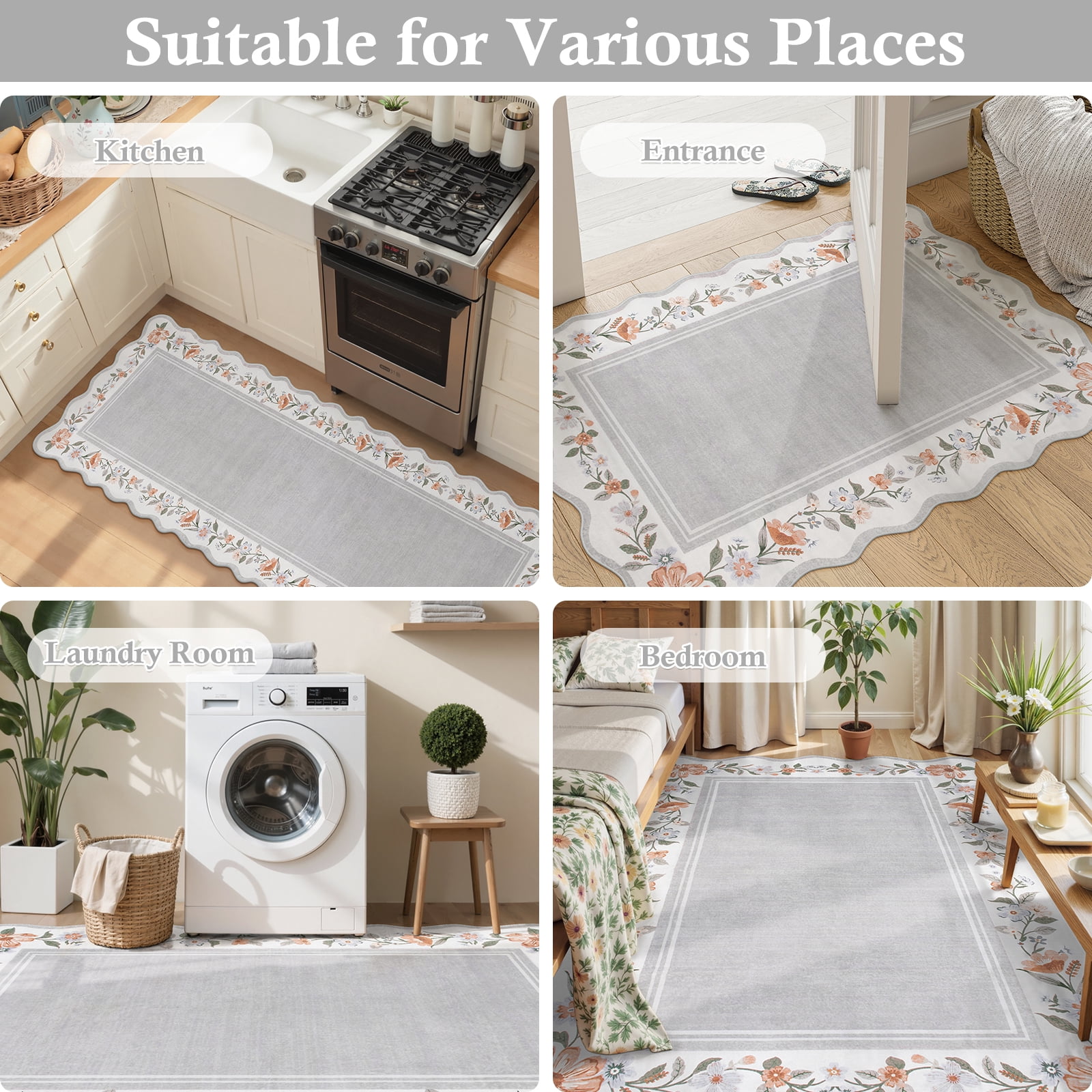 Lahome 2'x3' Grey Boho Floral Washable Small Rug,Ultra-Thin Scalloped Rug, Non-Slip & Stain Resistant,Soft Low-Pile Mat for Kitchen, Bathroom, Bedroom Front Door Indoor Entrance (2x3ft,Grey)