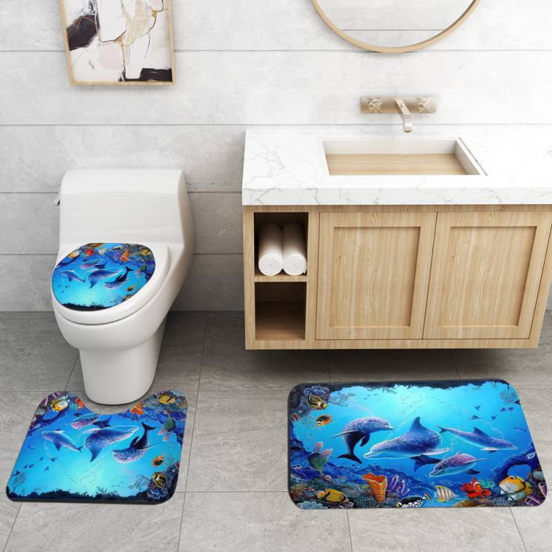 Ocean Bath Mat Sets, Dolphins Waterproof Windproof Washable Rug Mat Set
