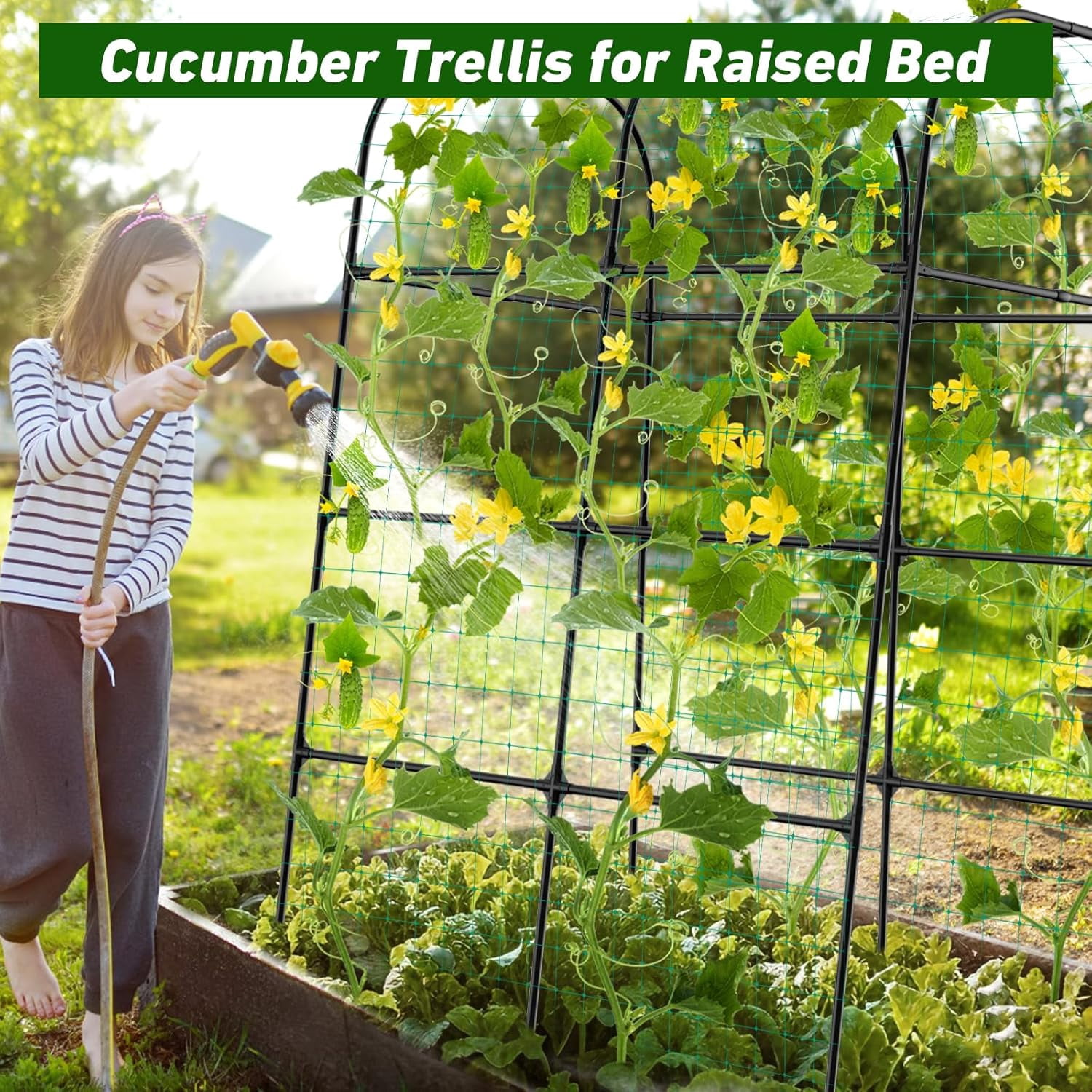 7ft Cucumber Trellis for Raised Bed, Garden Arch Trellis for Climbing Plants Outdoor Indoor, Metal Trellis Support with Net for Vegetables Tomato Zucchini Squash Beans Peas Melons,  Flowers,Vines