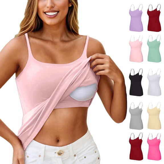 Camisole Tops for Women Built in Bra, Adjustable Spaghetti Strap Workout Yoga Shirts, Basic Tank Tops with Padded Bra , #01 Pink XXL