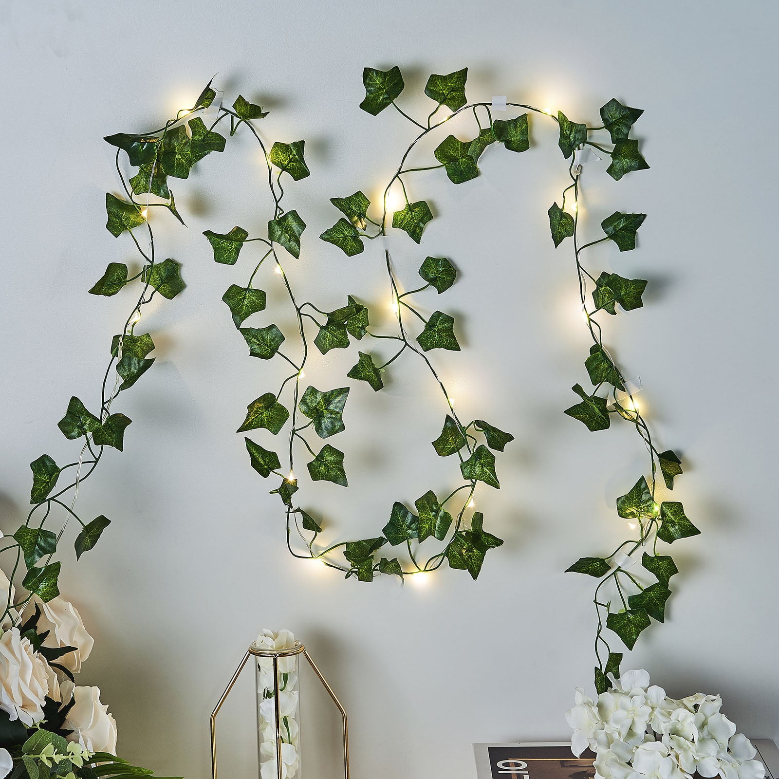 Efavormart 7FT 20 LED Artificial Green Ivy Leaf Garland, Battery Operated Fairy String Lights ...