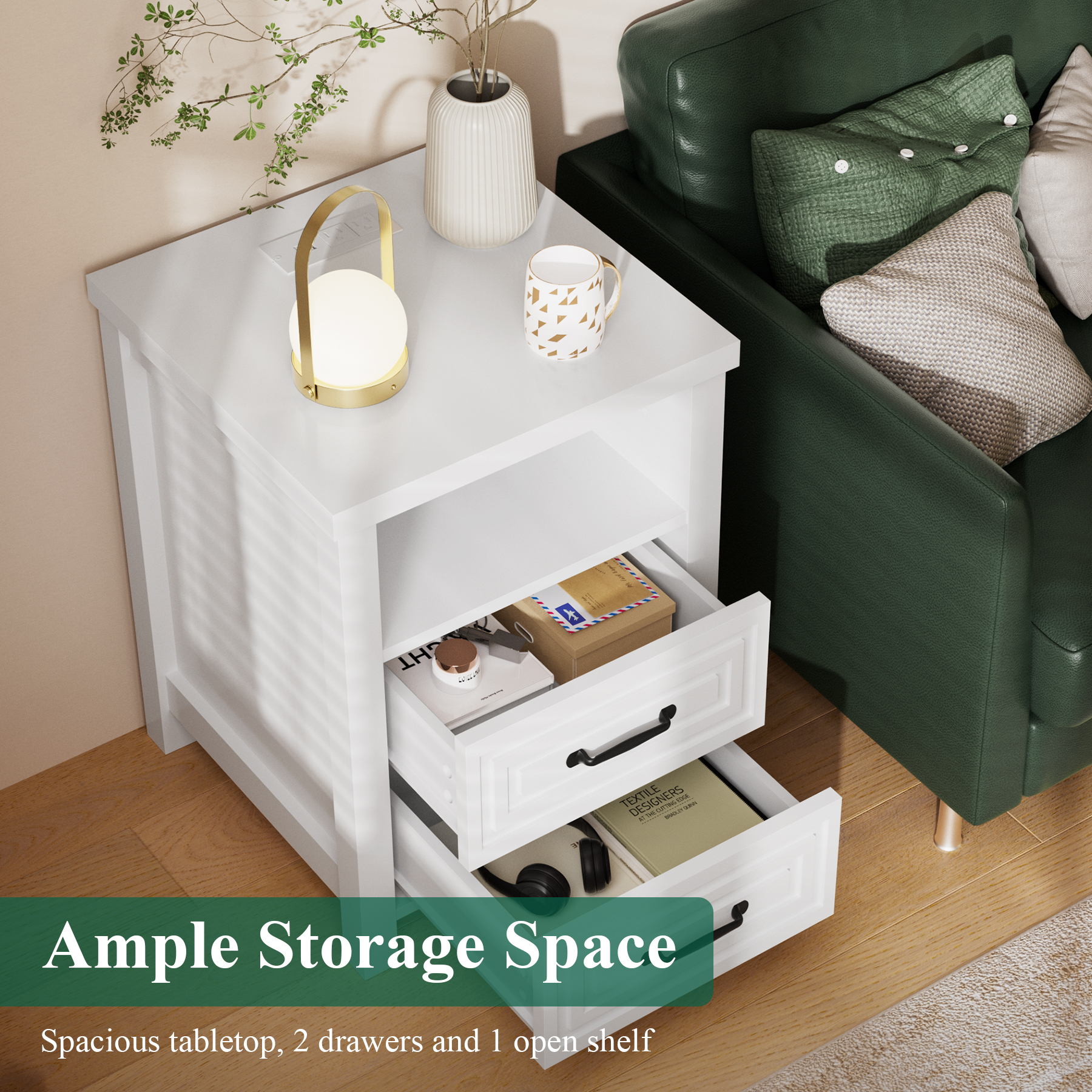 HOMWOO White Nightstand with Charging Station Modern Bedside Table with 2 Wooden Drawers and Storage Shelves for Bedroom Living Room