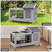 Aivituvin Rabbit Hutch with Wheels for Indoor Outdoor, Wooden Rabbit Cage with Removable Wire Netting & Leak Proof Tray, Mobile Bunny Cage, Gray