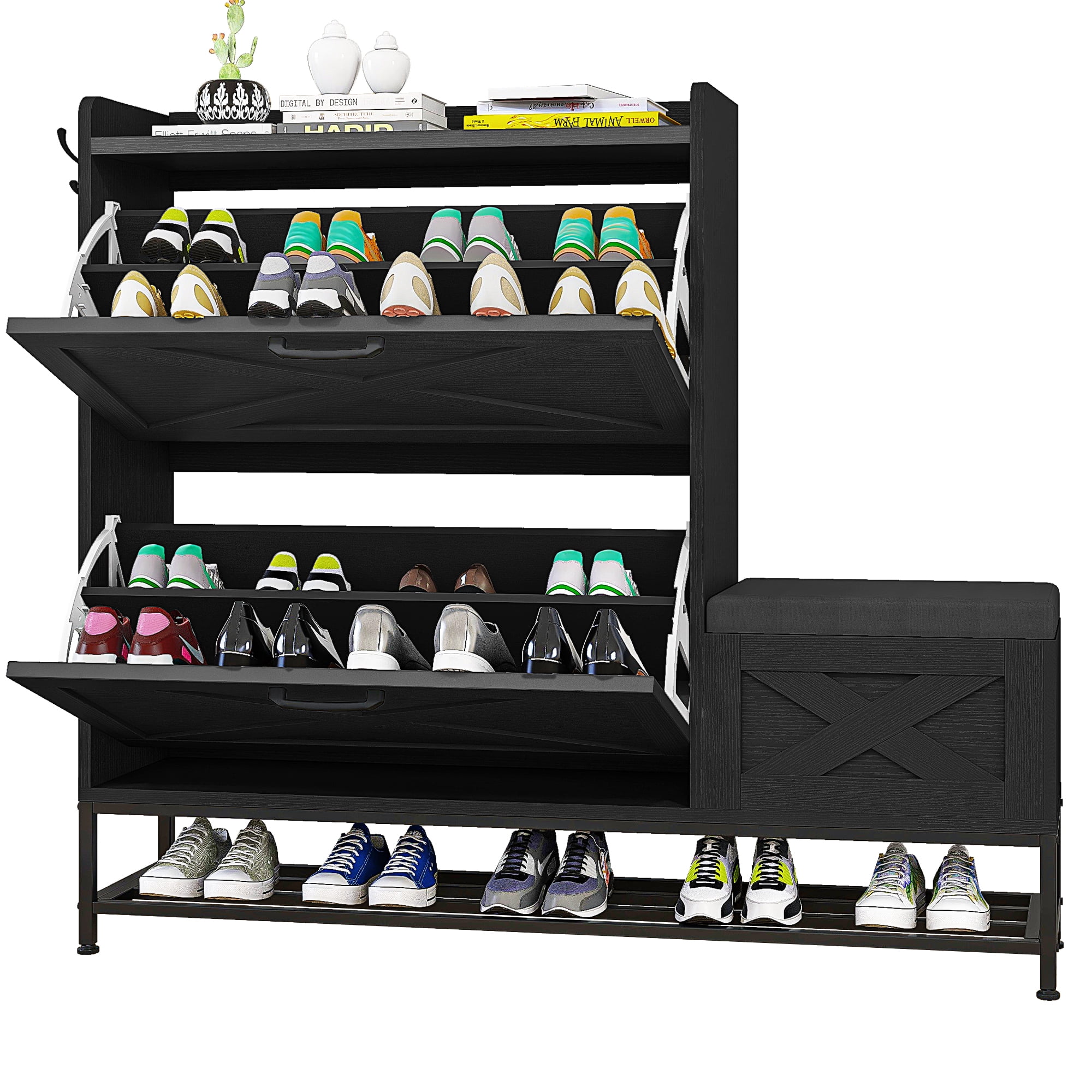 Uforic Shoe Cabinet with with 2 Flip Drawers&Shoe Bench,Farmhouse Narrow Slim Shoe Storage Cabinet for 16 Pairs for Entryway, Foyer, Black