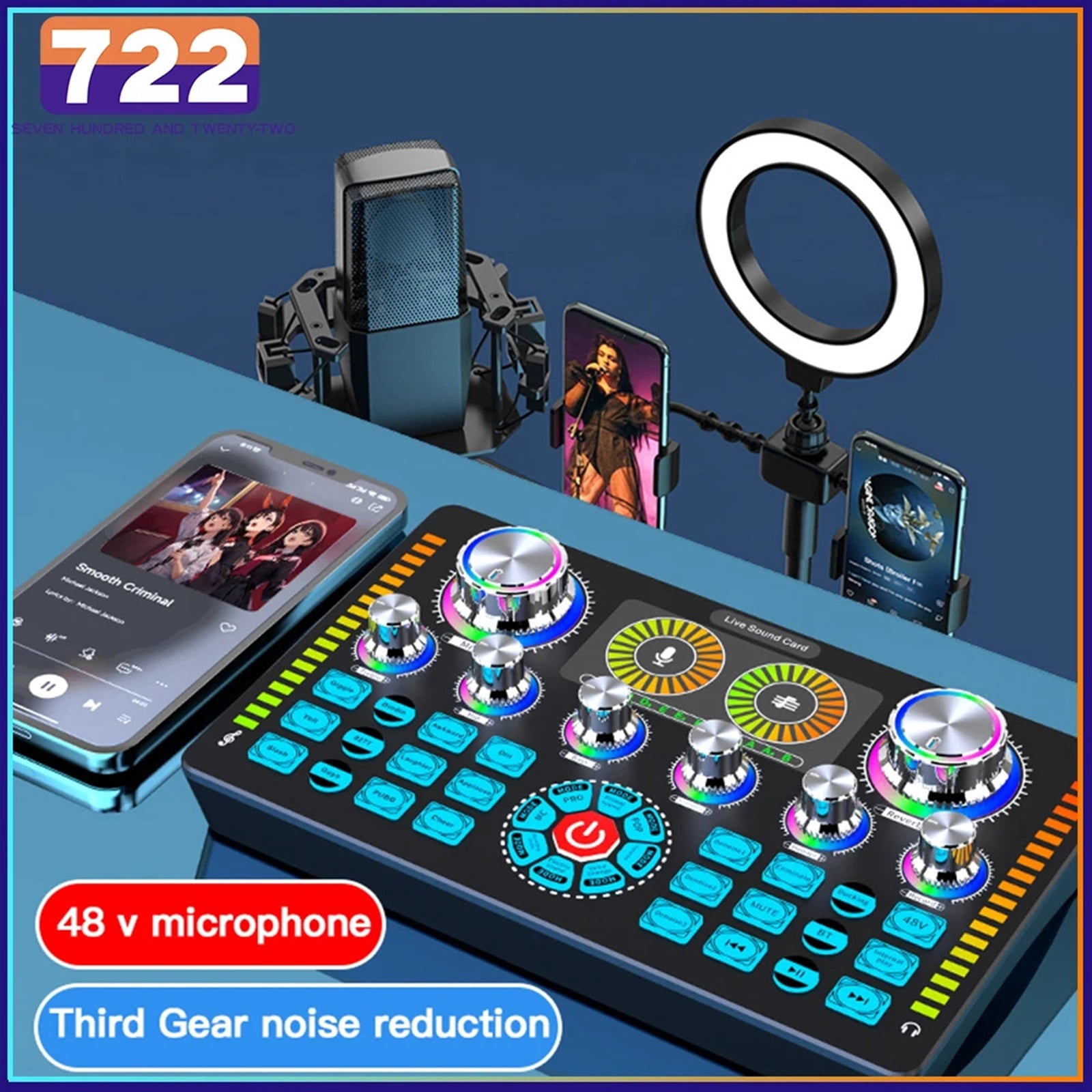 Live Sound Card Podcast DJ Equipment Bluetooth-compatible 48V Phantom Au-dio Mixer Sound Mixer Voice Changer For Live Streaming ,Precision Control