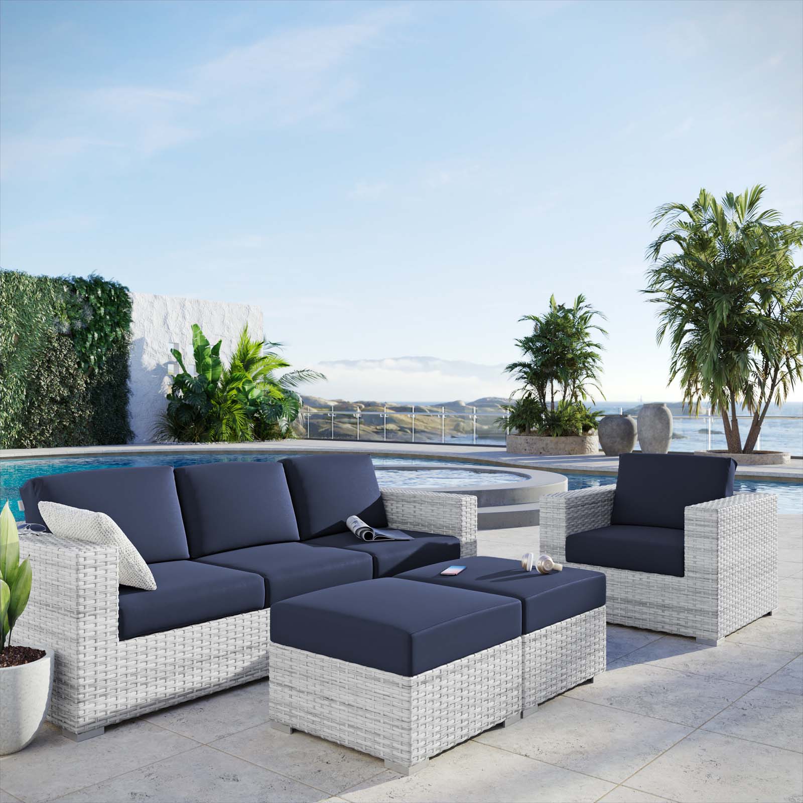 Lounge Sectional Sofa Chair Set, Rattan, Wicker, Light Grey Gray Blue Navy, Modern Contemporary Urban Design, Outdoor Patio Balcony Cafe Bistro Garden Furniture Hotel Hospitality - image 2 of 10