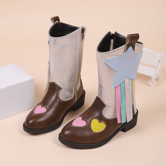 Bnwani Girls Boots Mid-Calf Short Side Zipper Warm Heart Soft-Soled British Boots 4-11 Years