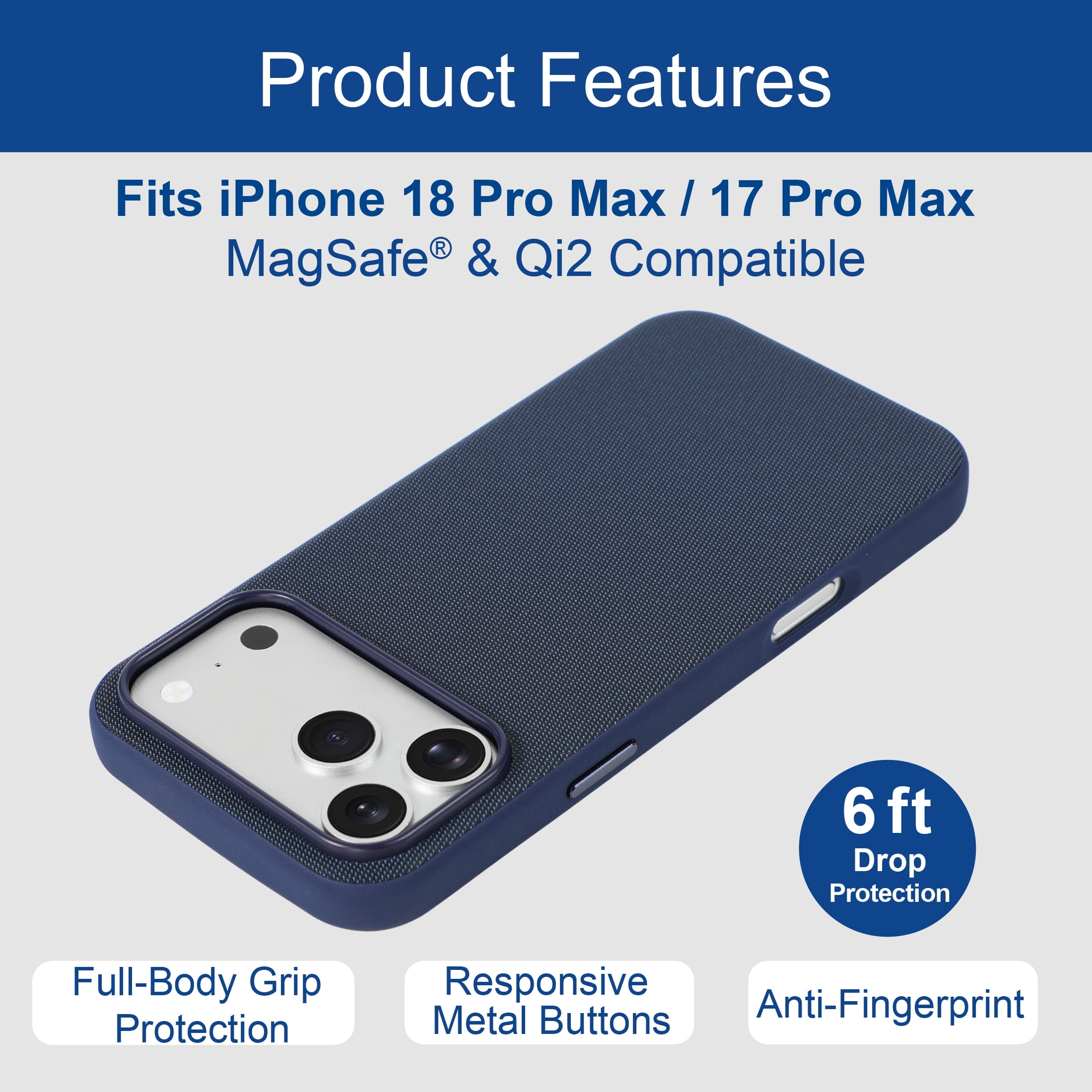 onn Woven Tech Case for Apple iPhone 18 Pro Max and iPhone 17 Pro Max, Navy