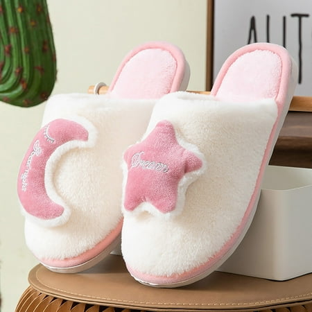 

Cotton Slippes For Women Fuzzy Memory Foam Flat Slide Slippers Comfy House Shoes Star Moon Decoration Pink 6.5