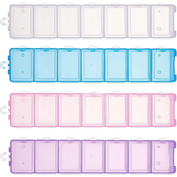 Pastillero semanal de plástico de 9,3 pulgadas, 8 unidades, 4 colores, 7 rejillas, organizador de joyas con tapas abatibles para vitaminas, medicinas, cuentas, manualidades, piezas pequeñas.