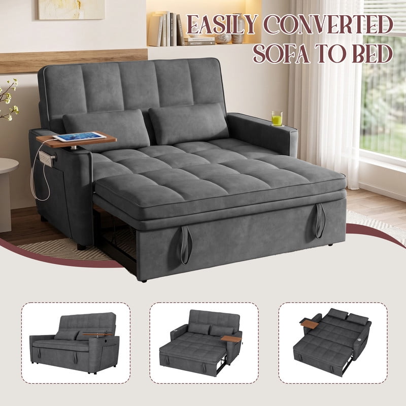 avobird 54'' Pull Out Sofa Bed, Convertible Sleeper Couch for for Living Room, Side Desk, USB Ports, Cup Hold, Velvet Fabric, Adjustable Backrest, Dark Gray