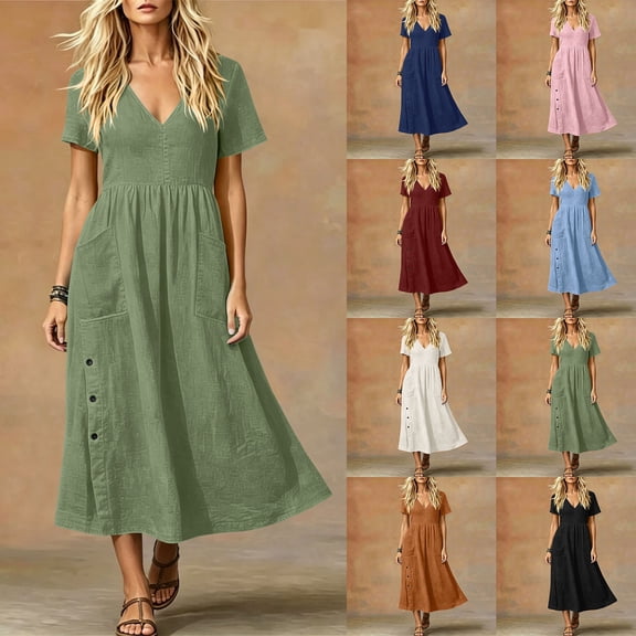 Kojanyu Women's Short Sleeve V Neck Button Down Maxi Dresses, 2026 Loose Casual Summer Beach Dress with Pockets