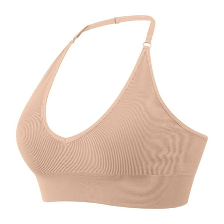 Beige Medium Women s Halterneck Sports Bra Womens Bras Comfortable Packs Backless Deep V Neck Lightweight Sports Bras for Women Sports Bustier Padded Gym Push Up Bra Back
