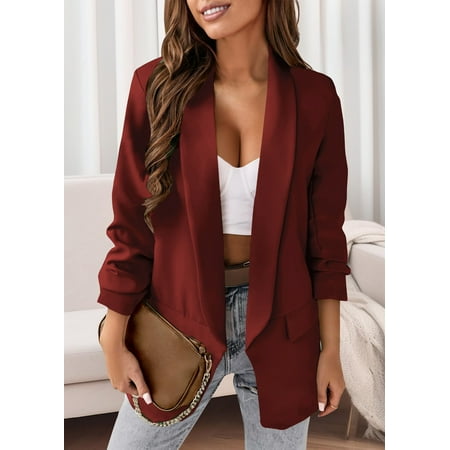 Meichang Blazers For Women Solid Color Lapel Long Sleeve Business Suits Jackets Cardigan Open Front Work Office Blazers Fashion Dressy Casual Blazers Wine Xxl