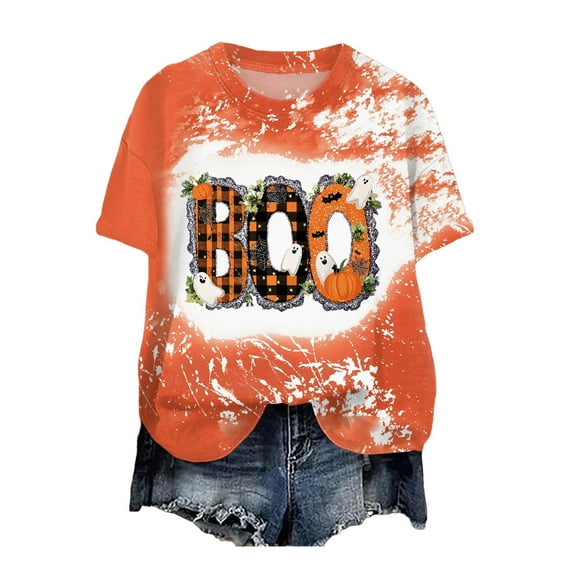 Towmus Boo Letter Print Tops Halloween Doodles Shirt for Women Crew Neck Cute Graphic Womens Fall Pumpkin Tees
