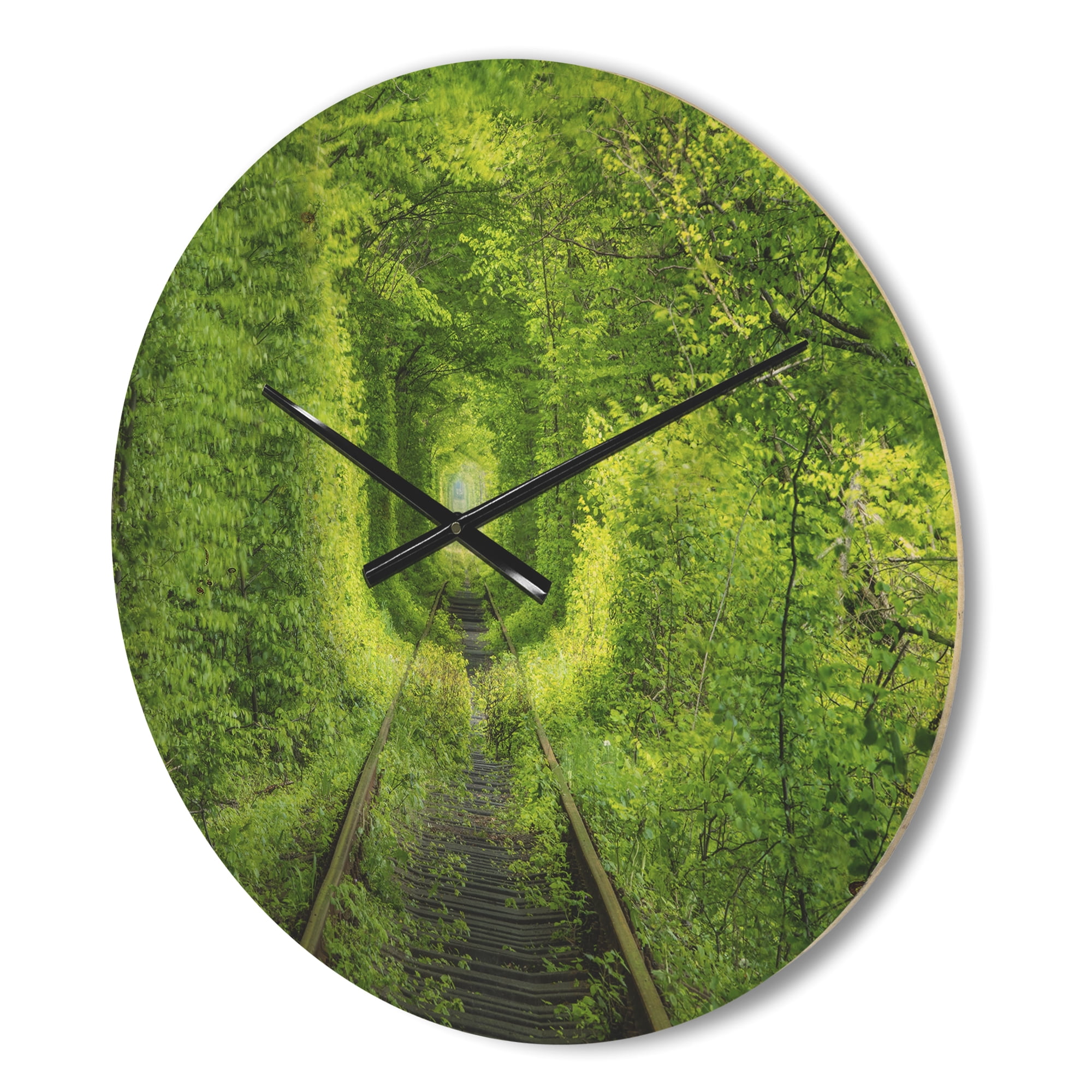 Designart 'Lush Green Forest around Rail Way Tunnel ' Modern Wood Wall Clock