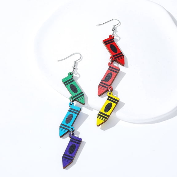 DESIGNICE Colorful Crayon Stud Earrings, Creative Wooden Tassel Jewelry with Rhinestones, Eco-Friendly Lightweight Dangle Earrings for Women