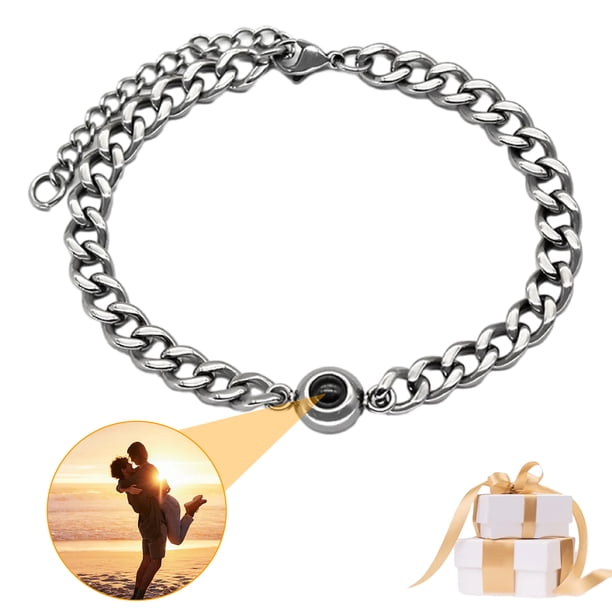 Pulseras Personalizadas con Fotos Personalizadas, Pulseras con Proyección de Imágenes, Pulsera Redonda de Color Acero, Pulseras con Te Amo en 100 Idiomas, Regalos para Parejas a Juego para Su Novio o