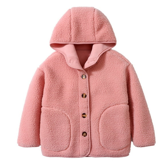 GYRATEDREAM Toddler Girls Boys Hooded Fleece Jacket Baby Button down Solid Color Wool Outwear Coat with Pockets Kids Warm Fall Winter Clothes Pink for 4-12Y