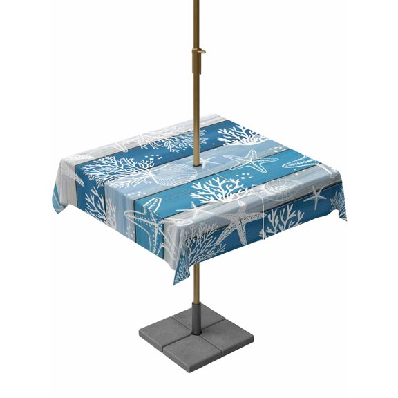 Outdoor Tablecloths with Umbrella Hole & Zipper, Blue Coastal Beach 60x60 Inch Square Tablecloths, Nautical Starfish Coral Vintage Wooden Waterproof Table Cloth, Patio/Pool/Picnic Table Covers