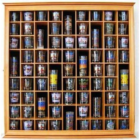 71 Shot Glass Rack Wall Display Case Holder Cabinet, Solid Wood (Oak