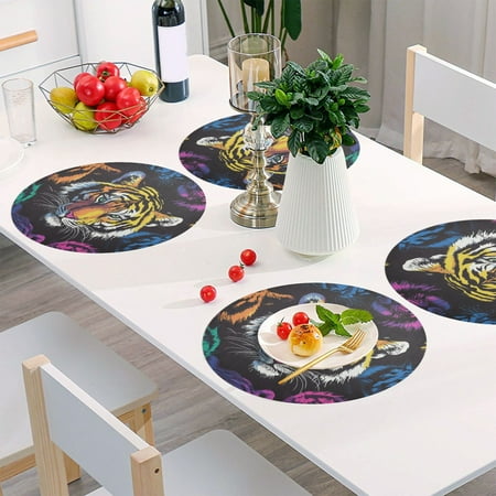 

Round Grid Placemat One Sizex1 Round Placemat PVC Plate Mat，15.4 Inch Non-Slip and Heat Resistant Table Placemat Dining Room Placemat Jungle Tiger Pattern