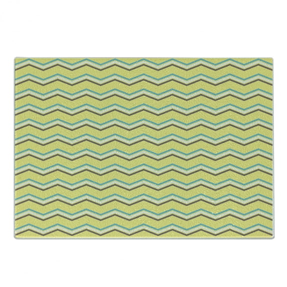 Yellow Chevron Cutting Board, Zigzag Lines in Horizontal Direction Retro Style Display, Decorative Tempered Glass Cutting and Serving Board, Small Size, Charcoal Grey Sky Blue, by Ambesonne