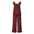 thumbnail image 5 of Elvqul Loose Fit Sleeveless Square Neck Knit Fabric Long Pants Ruffled Hem Side Pockets Pajama Set Sleepwear Loungewear Ruffled Hem Pjs Flutter Strap Pjs Ruffle Detail Pajamas, 5 of 7
