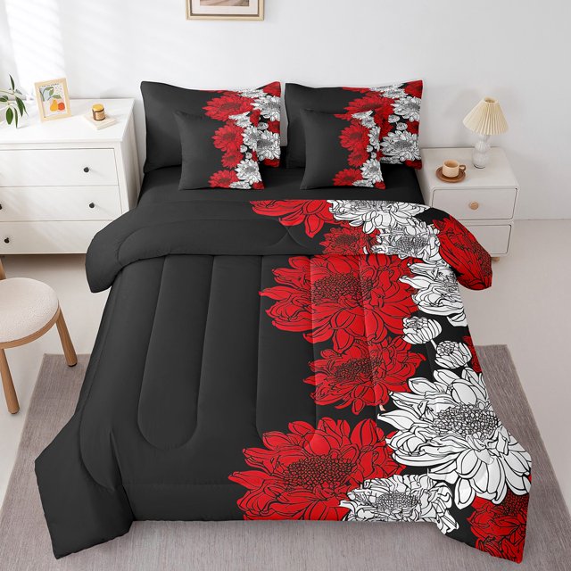 YST Aztec Dahlia Comforter Set, Full Size, 7-Piece, Floral, White Red Black, Bedding Set