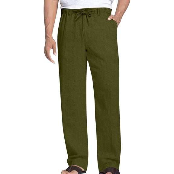 Lmueinov Men's 100% Cotton Drawstring Elastic Waist Straight Leg Pants, Casual Beach Vacation Trousers with Pockets S-3XL