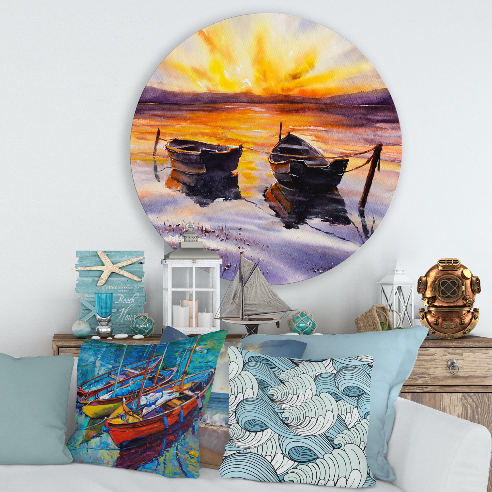 Designart 'Two Small Boats Parking On The Shore and Sunset' Lake House Circle Metal Wall Art 36x36 - Disc of 36