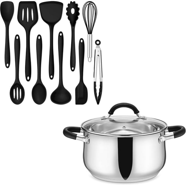 10 Pieces Silicone Cooking Utensils Set with 5Qt Stainless Steel Pot Bundle, Heat Resistant Kitchen Utensil Set for Nonstick Cookware, Stock Pot with Glass Lid for Cooking Pasta, Dishwasher Safe