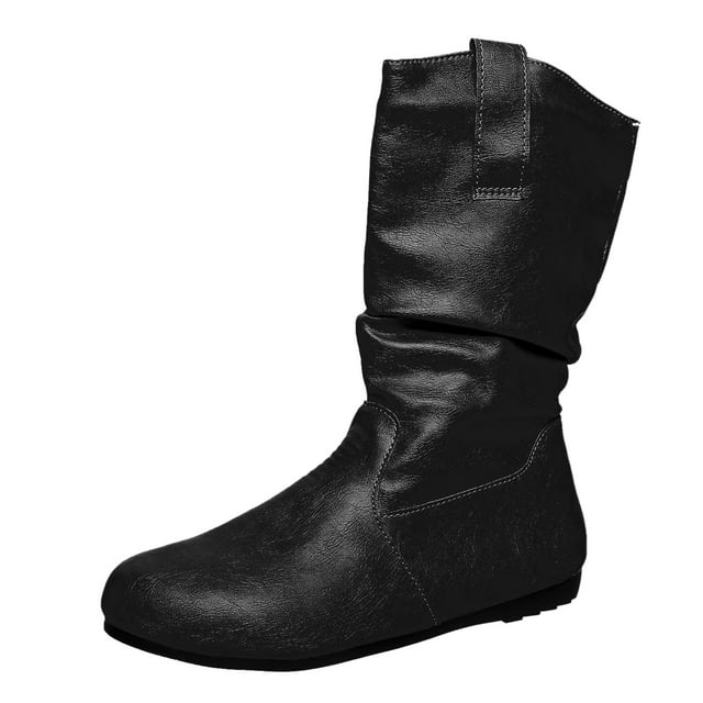 WEAIXIMIUNG Bottes Noires Hauteur Genou pour Femmes Mode Hiver Plates Mi-Hautes Bout Rond