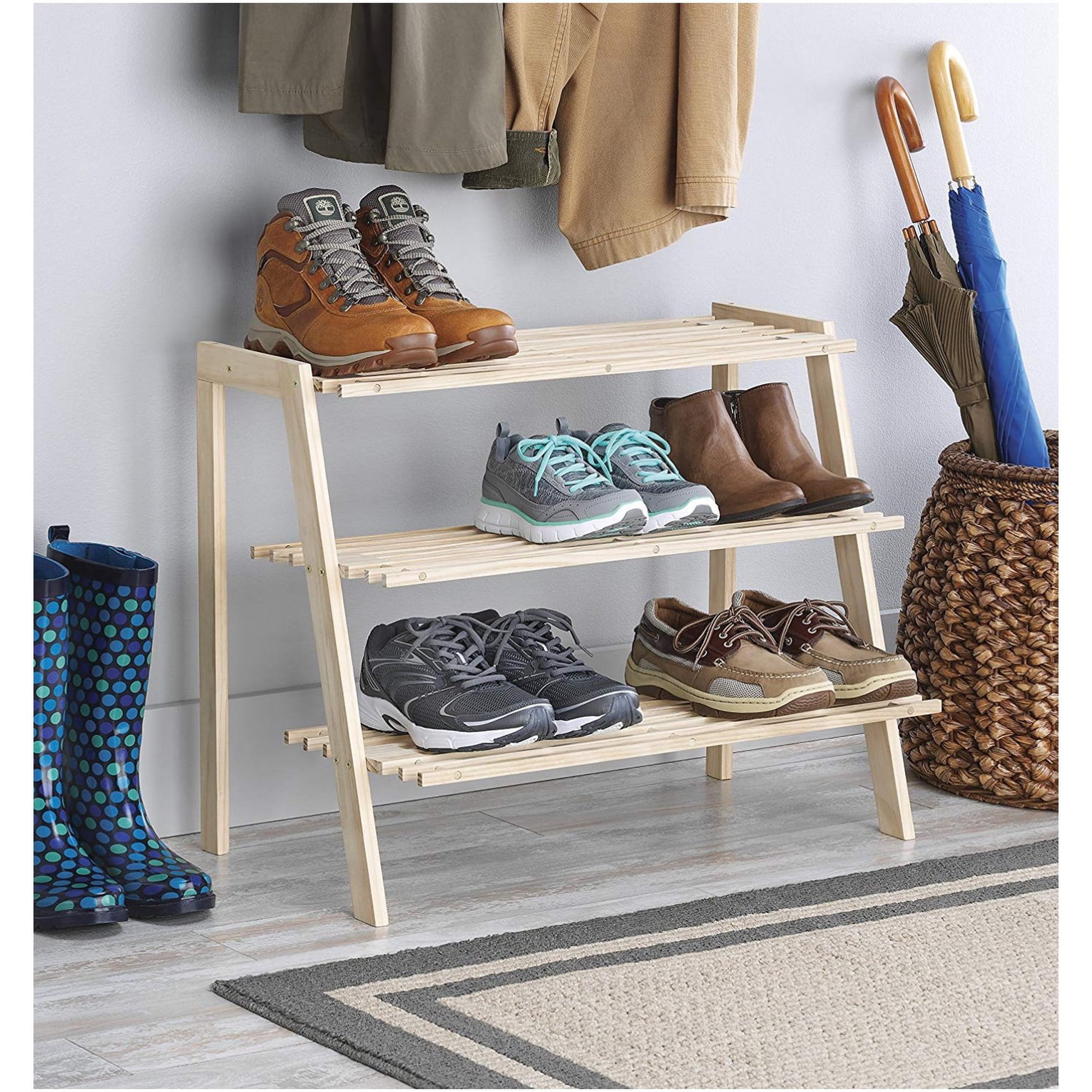 Whitmor 3-Tier Wooden Shoe Rack 9-Pair Capacity Natural Pine Finish