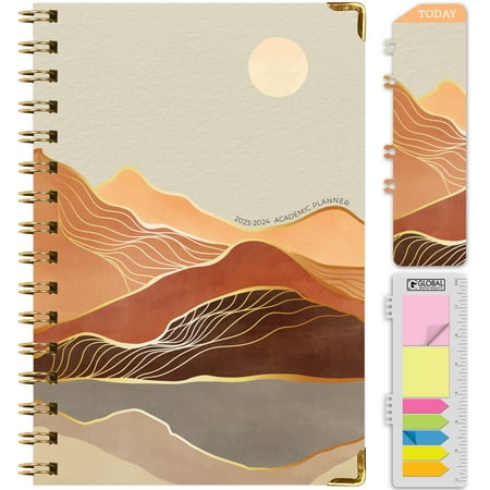 Hardcover Academic Year 2023-2024 Planner (June 2023 Through July 2024) 5.5  x 8   Medium  Daily Weekly Monthly Planner Yearly Agenda. Bookmark  Pocket Folder and Sticky Note Set (Goldern Desert)