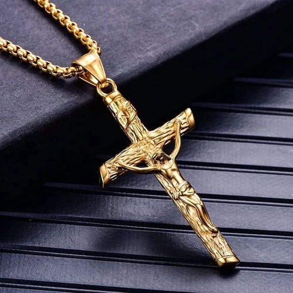 14K Yellow Gold Cross Jesus Christ Human Pendant Hip Hop Collar Chain Necklace for Women Men Gift Fashion Jewel