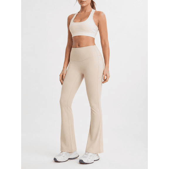 Women's High-Waisted Flare Pants with Side Pockets, Cream, S