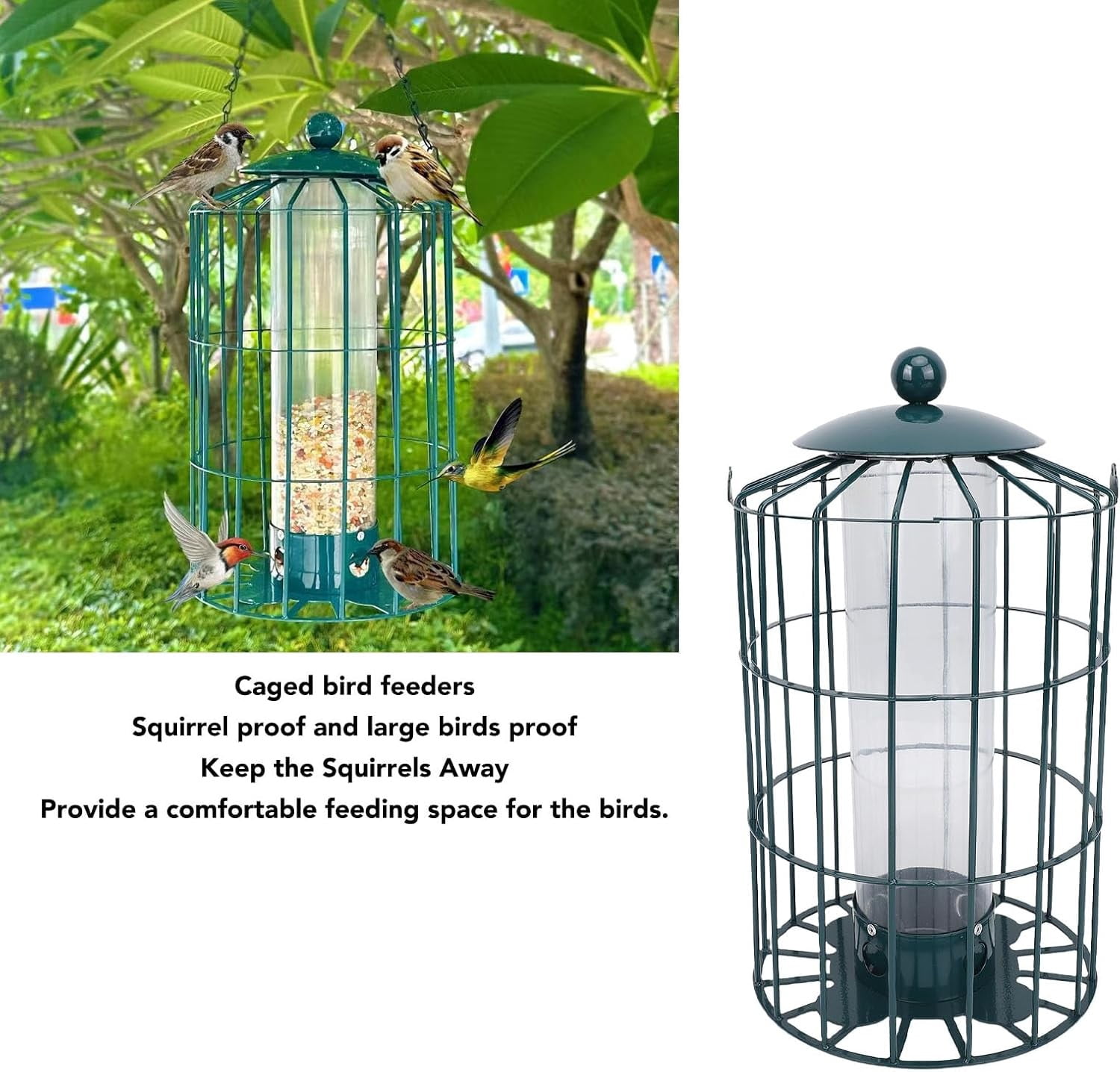 Diceymbol Squirrel Proof Cage Hanging Bird Feeder Outdoor Wild Bird Feeder With Clear Acrylic Reservoir Rustproof Metal Chain Feeder For Garden Patio Yard And Backyard Bird Watching
