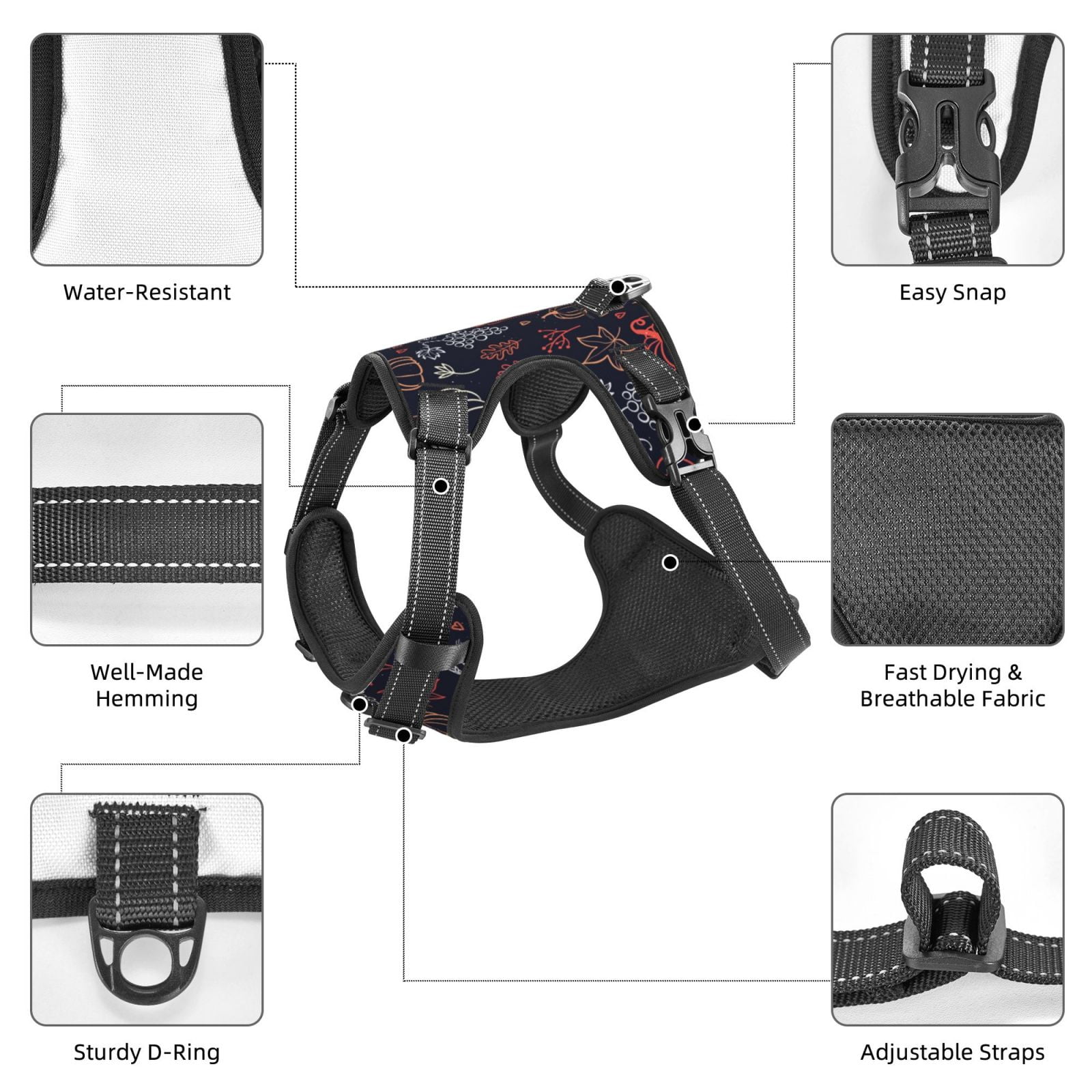 Vsdgher Thanksgiving Pattern Dog Harness,No Pull Pet Harness with Soft Padded Handle,Adjustable Reflective Vest with 2 Buckles,4 Slide Buckles,S-XL