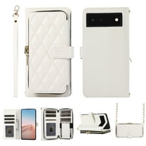 Crossbody Wallet Case for Google Pixel 6 Pro Chain Lanyard & Wrist Hand Strap Case with Card Slots Zipper Pocket Kickstand, Premium PU Leather Magnetic Clasp Shockproof Flip Cover, White
