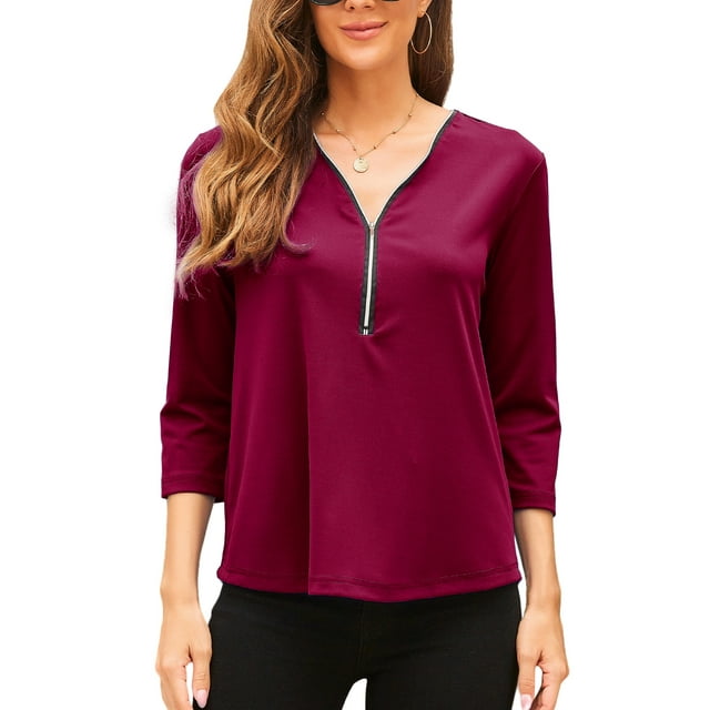 Daeful Ladies T-shirt Long Sleeve Tee Work Solid Color Elegant T Shirt Wine Red S