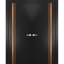 Solid French Double Doors 36 x 80 inches | Planum 1010 Matte Black with Frosted Glass | Wood Solid Panel Frame Trims | Closet Bedroom Sturdy Doors
