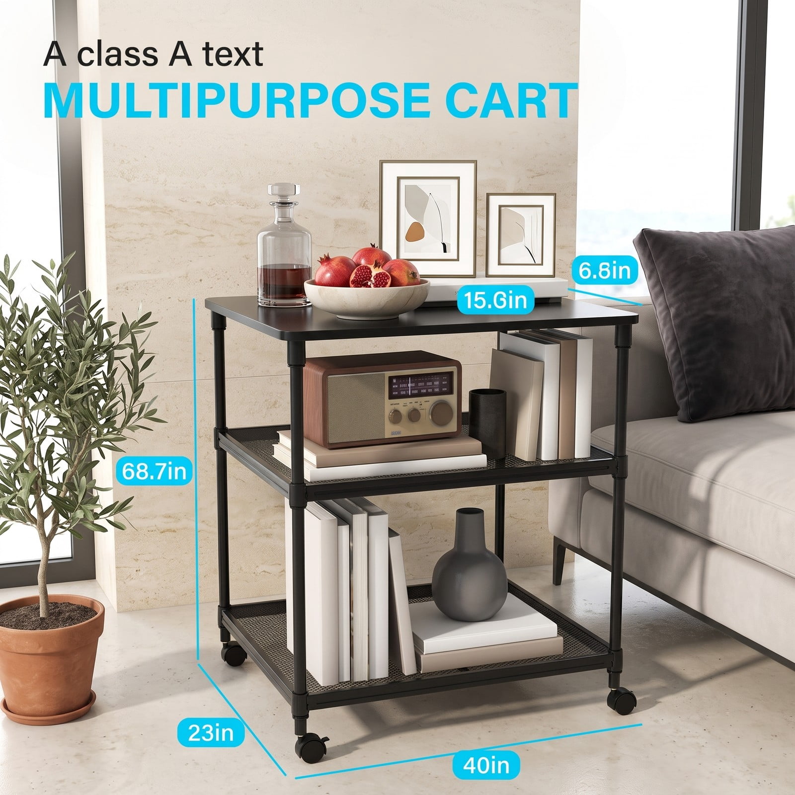 Furnibear 3 Tier Rolling Printer Stand Fax Cart with Adjustable Shelf, Swivel Locking Wheels, Wood Iron Mobile Storage Organizer for Home Office - Black